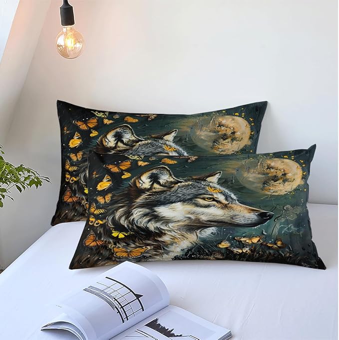 Duvet Cover Full Wolf Butterflies Pattern Bedding Set for Boys Kids Room Decor 3 Pcs Natural Theme Bed Cover Cooling Comforter Cover Moon Quilts Cover,Full