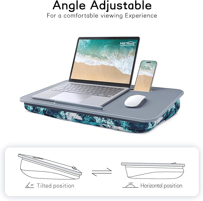 Millhome Lap Desk | Portable Laptop Desk – Fits Up to 17.3" Laptops –Detachable & Washable, Phone Holder, Device Ledge – for Writing, Working, Reading on Bed, Couch, Sofa, Floor – Blue Waves
