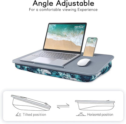 Millhome Lap Desk | Portable Laptop Desk – Fits Up to 17.3" Laptops –Detachable & Washable, Phone Holder, Device Ledge – for Writing, Working, Reading on Bed, Couch, Sofa, Floor – Blue Waves