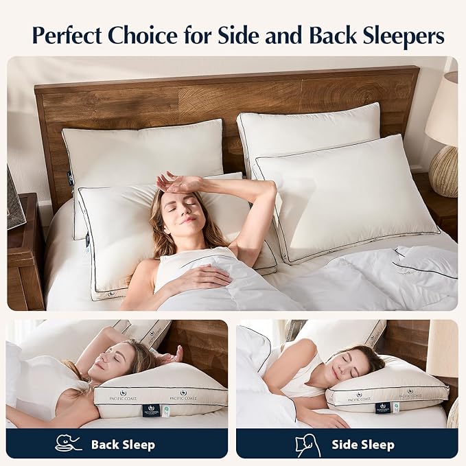 Pacific Coast Goose Feather and Down Bed Pillows for Side and Back Sleepers, King Size Set of 2, 100% Organic Cotton Cover, Firm Pillows, Gusseted Pillows of Hotel Collection