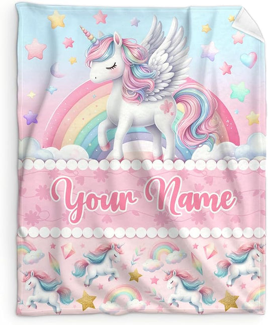 Personalized Unicorn Blanket, Unicorn Throw Blanket for Girls, Lovely 80 x 60 Inches Cozy Soft Fuzzy Rainbow Unicorn Flannel Blanket for Bed Living Room, Home, Custom Throw Blanket for Girls Women