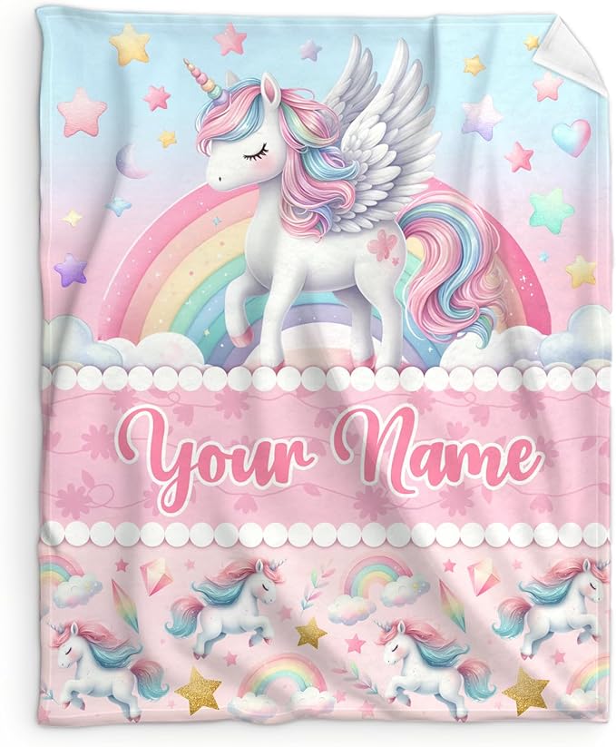 Custom Unicorn Blanket with Name, 60 x 50 Inches Warm Soft Rainbow Unicorn Blanket for Kids, Unicorn Lovers, Cozy Lightweight Flannel Throw Blanket for Bed Sofa Room Decor, Living Room