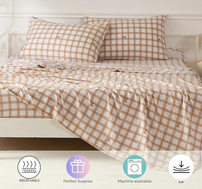 SDY 7PCS Brown Gingham Bow Bedding Set Queen，Soft Washed Microfiber Plaid Comforter Set and Checkered Sheets for Kids, Toddler, Girls, Boys，Cozy Brown Gingham Comforter