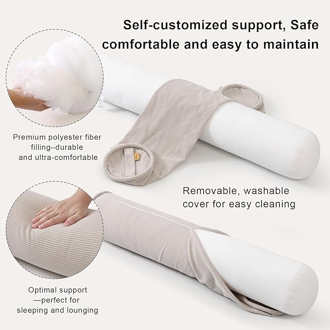 Long Round Body Pillow for Adults – Corduroy Cervical Roll Bolster Pillow, Firm Support for Spine Alignment & Side Sleeping,59 x 7.87 Inches,Beige Gray