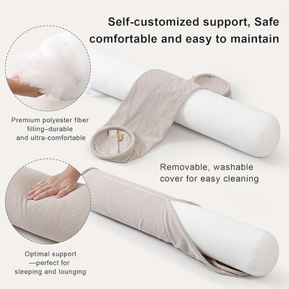 Long Round Body Pillow for Adults – Corduroy Cervical Roll Bolster Pillow, Firm Support for Spine Alignment & Side Sleeping,59 x 7.87 Inches,Beige Gray
