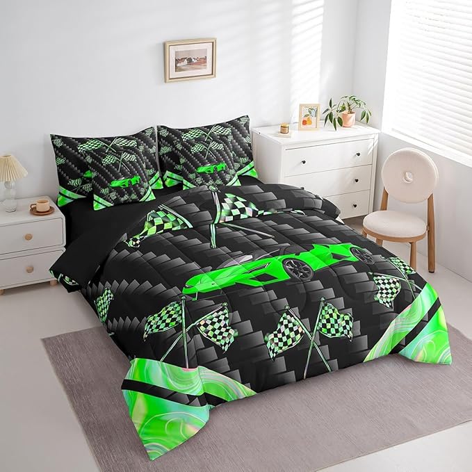 Feelyou Green Race Car 7 Piece Bedding Set Full Size Extreme Sports Comforter Set with Sheets for Kids Teens Adult Fast and Furious Bed in a Bag Dazzling Flag Bed Set