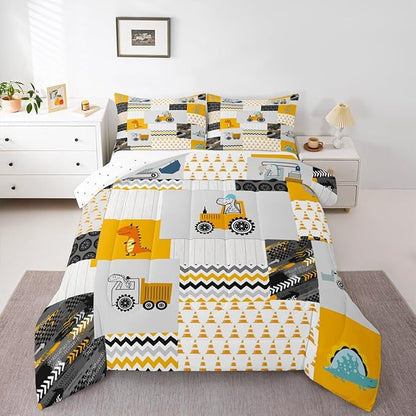 Feelyou Construction Comforter Set King Size Kids Cartoon Car Excavator Tractor Toddler Comforter Equipment Trucks Plaid Grid Yellow Comforter Set Construction Vehicles Duvet Set Quilt Set