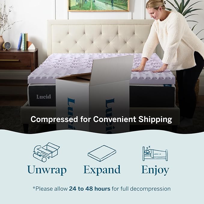 LUCID Lavender Infused 3 Inch Memory Foam Mattress Topper with 5 Zones – Queen Size – Plush Feel – CertiPUR Certified – Dorm Room Essentials