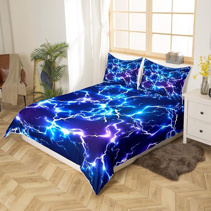 3D Game Flash Duvet Cover Full,Neon Blue Lightning Strike Bedding Set 3pcs for Kids Boys Teens Gamer Room Decor,Fashion Shiny Comforter Cover Modern Gaming Cool Quilt Cover with 2 Pillowcases