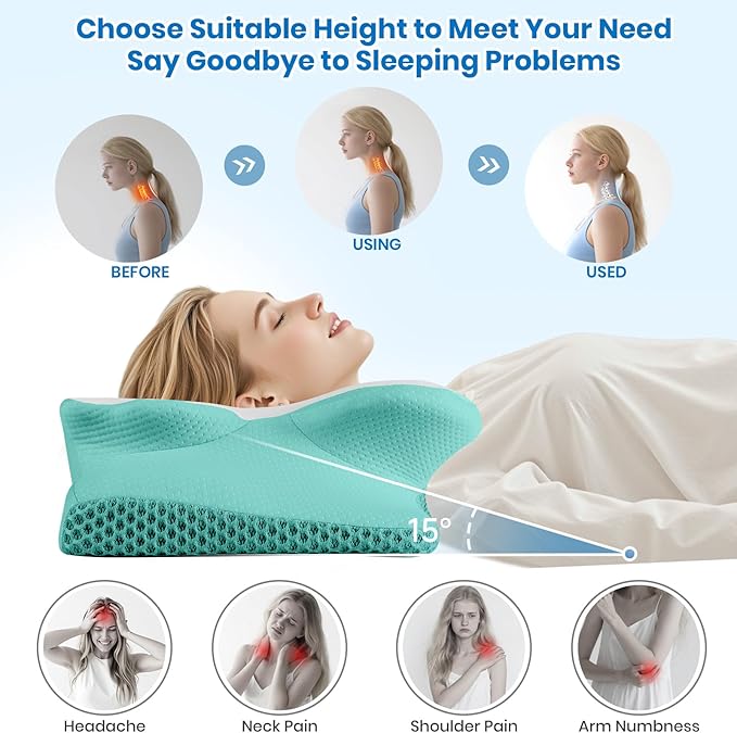 Cervical Neck Pillow for Sleeping, Memory Foam Side Sleeper Pillow, Ergonomic Pillows for Neck Pain Relief, Shoulder Support Pillows for Side Back Stomach Sleepers (Green, King Size)