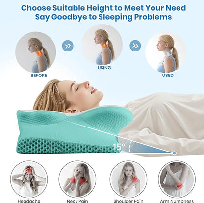Cervical Neck Pillow for Sleeping, Memory Foam Side Sleeper Pillow, Ergonomic Pillows for Neck Pain Relief, Shoulder Support Pillows for Side Back Stomach Sleepers (Green, Queen Size)