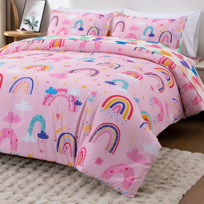Holawakaka Boho Rainbow Full Comforter Set with Sheets, 5-Piece Bohemian Love Heart Bedding Set for Girls & Women - Super Soft Microfiber Kids Teen-Girls Full Size Pink Reversible Bed-in-a-Bag