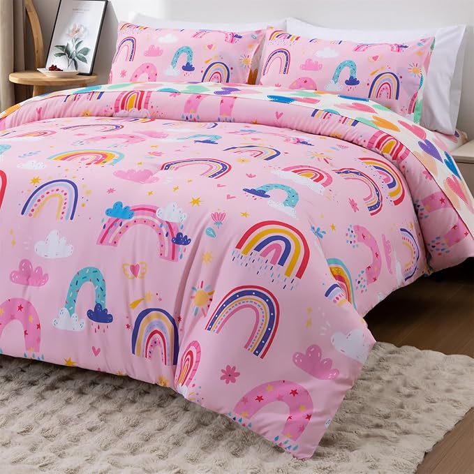 Holawakaka Boho Rainbow Twin Comforter Set with Sheets, 5-Piece Bohemian Love Heart Bedding Set for Girls & Women - Super Soft Microfiber Kids Teen-Girls Twin Size Pink Reversible Bed-in-a-Bag