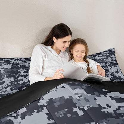 Castle Fairy Gray Pixelated Miners Gamer Bedding Sets Full Size,Cartoon Style Video Games Reversible Down Comforter Breathable Polyester Quilt Set,Black Checkered Grid Duvet Insert,2 Pillowcases