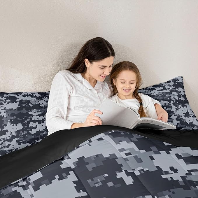 Castle Fairy Gray Pixelated Miners Gamer Kids Comforter Set King Size,Cartoon Style Video Games Reversible Quilted Duvet with 2 Pillowcases Black Checkered Grid Comforter for Boys Teens Bedroom