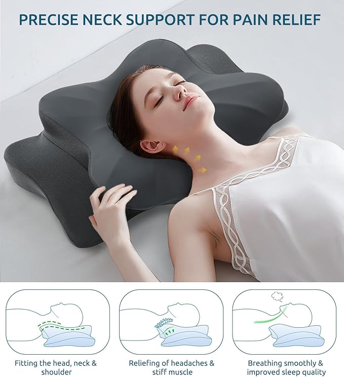 Cervical Pillow for Neck and Shoulder, Ergonomic Contour Memory Foam Pillows for Sleeping, Cooling Neck Support Pillow for Side Back Stomach Sleeper Standard Size Deep Grey