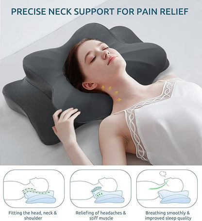 Cervical Pillow for Neck and Shoulder, Ergonomic Contour Memory Foam Pillows for Sleeping, Cooling Neck Support Pillow for Side Back Stomach Sleeper Standard Size Deep Grey