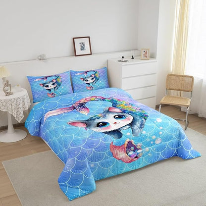 Rainbow Cartoon Cat Bed Sheet Set Colorful Mermaid Comforter Set for Kids Boys Teens Room Decor Blue Mermaid Scales Bedding Set Set Ocean Gradient Style Bed Cover 2Pcs Twin Size With 1 Pillow Case