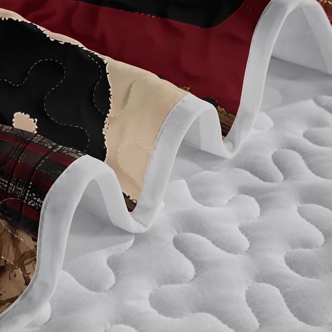 Rustic Black Bear Quilt Bedding Twin 3Pcs Natural Forest Wild Hunt Animal Bear Nut Bed Set Retro Flower Grid Pattern Bedspread Coverlet with 2 Pillowcases for Kid Boy Girl Teen Adult Bed Decor