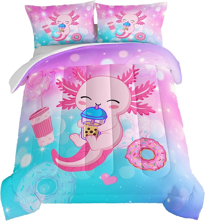 HOSIMA Axolotl King Size Comforter Set Cute Animal Bedding Room Decor for Teen Girls Dessert Milk Tea Donut Bed Princess Toddler Bedding Set Fantasy Bed in a Bag King Size for Adults Kids.