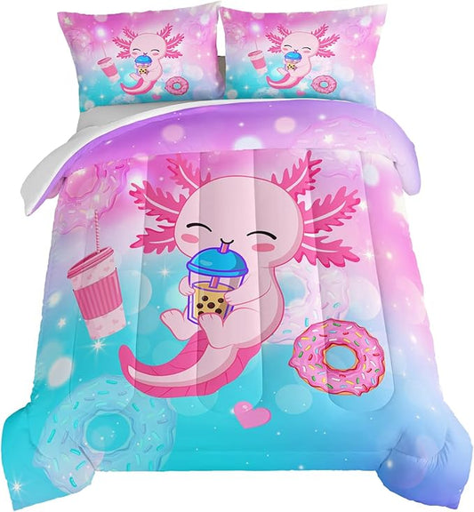 HOSIMA Axolotl King Size Comforter Set Cute Animal Bedding Room Decor for Teen Girls Dessert Milk Tea Donut Bed Princess Toddler Bedding Set Fantasy Bed in a Bag King Size for Adults Kids.
