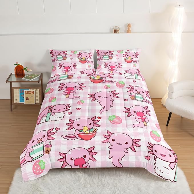 HOSIMA Axolotl Comforter Set Queen Size for Kids Girls,Pink Cartoon Axolotl Eat Dessert Printing Bedding Set Queen Size for Princess Bedroom Decor with Two Pillowcases.
