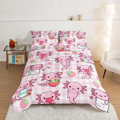 HOSIMA Axolotl Comforter Set Full Size for Kids Girls,Pink Cartoon Axolotl Eat Dessert Printing Bedding Set Full Size for Princess Bedroom Decor with Two Pillowcases.