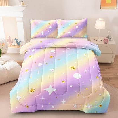 3 Pcs Full Bedding Sets for Girls, Pink Glitter Rainbow Full Size Bed Set, Stars Galaxy Bedding Comforter Set for Girls