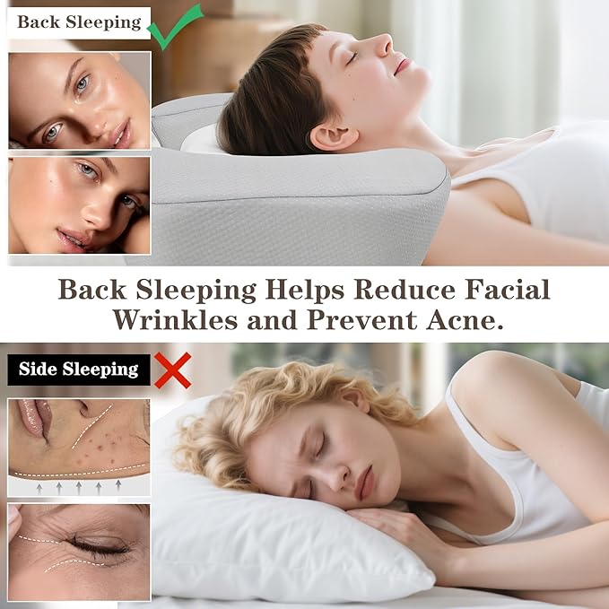 HOMCA Back Sleeper Pillow, Memory Foam Back Sleeping Cervical Neck Pillow Reduces Pressure on Skin, Beauty Pillow Wrinkle Prevention, Ergonomic Design for Neck and Shoulder Pain Relief