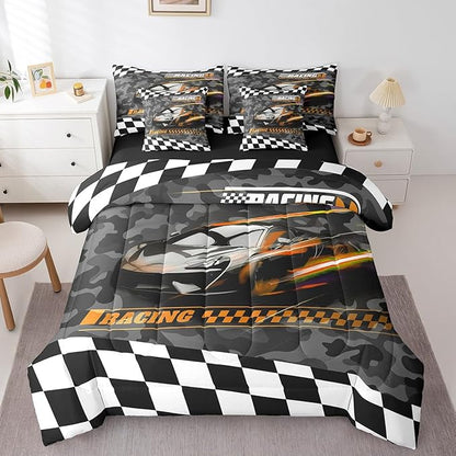 Feelyou Orange Racing Car 7 Piece Bedding Set Queen Size Kids Boys Speed Race Car Comforter Set with Sheets for Teens Toddler Extreme Sports Bed in a Bag Camouflage Bed Set