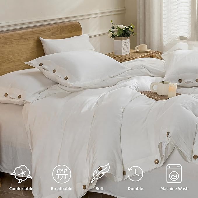 JELLYMONI Cotton Duvet Cover Twin XL Size - Bright White Comforter Cover with Button 100% Washed Cotton 2PCS Breathable Soft Solid Bedding Set Duvet Cover 66×92in & 1 Pillowcase (NO Comforter)