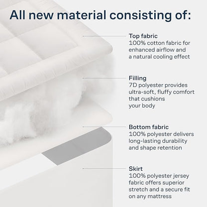 Cloud-Like King Mattress Topper - 100% Cotton Top Mattress Pad for Back Pain Relief - Breathable & Naturally Cooling for Hot Sleepers, White