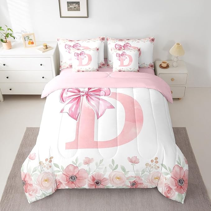 Erosebridal Monogram D Bedding Sets, Pink Bow Tie Bowknot Bed in A Bag Flower Floral Comforter Set with Sheets Twin Size for Girls Young Woman Fresh Style Light Pink White Bed Set Bedroom Decor