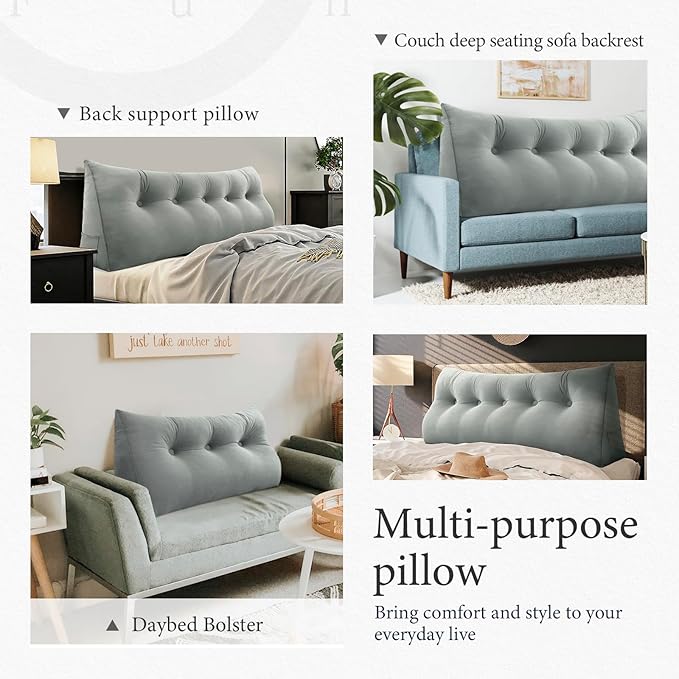 Headboard Pillow - 3 in 1 Large Bed Pillow as Wedge Reading Pillow, Large Couch Daybed Pillow or Positioning Support Backrest Back Cushion for Sitting in Bed Velvet Full Gray