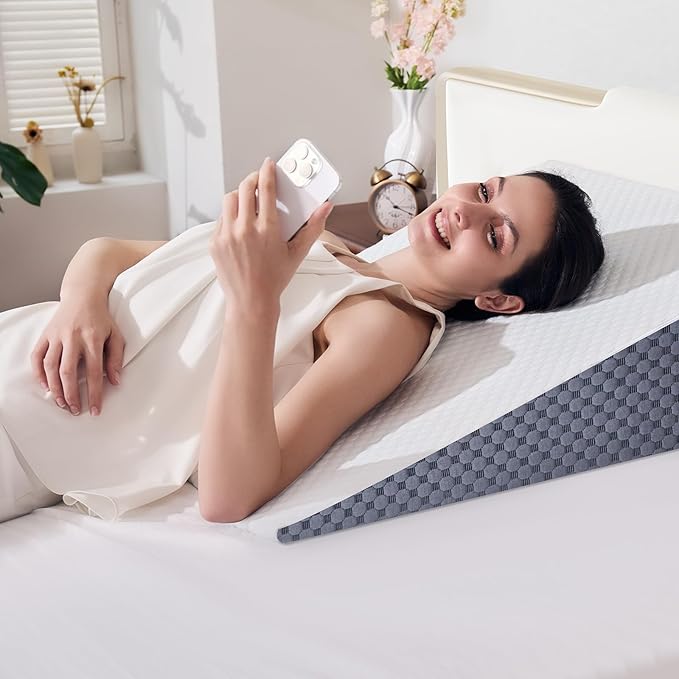 Wedge Pillow 10in Bed Wedge Pillow for Sleeping, Snoring, Back Support, After Surgery, Triangle Pillow, with Washable Cover, White Gray