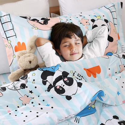 JSD Blue Panda Kids Comforter Set Full Size, 3 Piece Moon Microfiber Comforter with Pillow Shams, Machine Washable