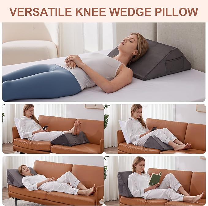 Knee Wedge Pillow, Memory Foam Leg Pillow Bed Wedge for Sleeping, Post Surgery Triangle Pillow for Knee Support, Leg Elevation, Knees Hip Back Pain Relief (23.6" x 26" x 10", Extra Large, Short Plush)