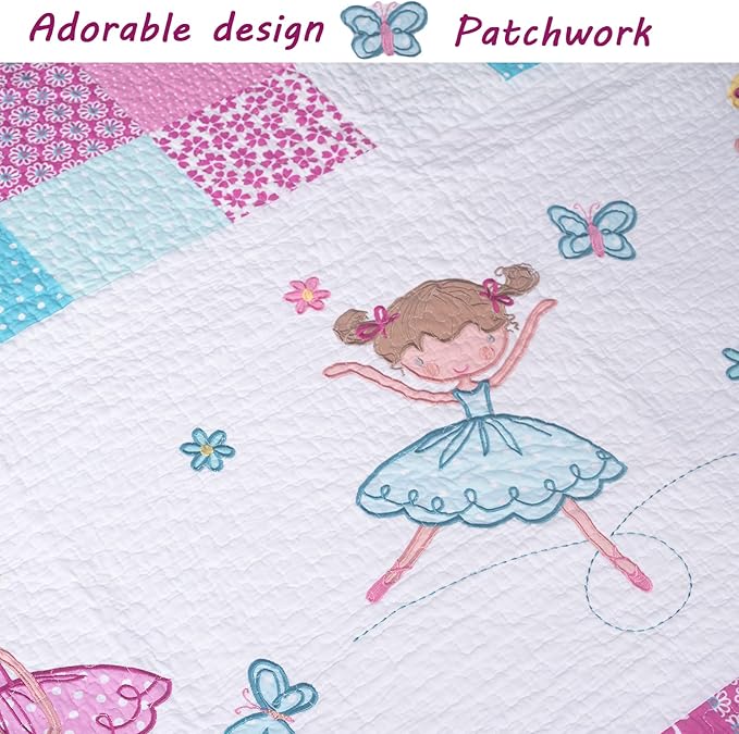 Cozy Line Home Fashions 100% Cotton Ballerina Dance Princess Girl Reversible Bedding Quilt Set, Bedspread Coverlet for All Seasons (Ballerina, Queen+Décor Pillows)