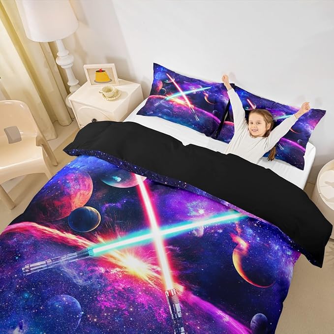 Lightsaber Duvet Cover Sets King,Galaxy Universe Planet Bedding Set 3pcs for Teens Boys Girls Room Decor,Trippy Star Sky Comforter Cover Watercolor Quilt Cover with 2 Pillowcases,Purple