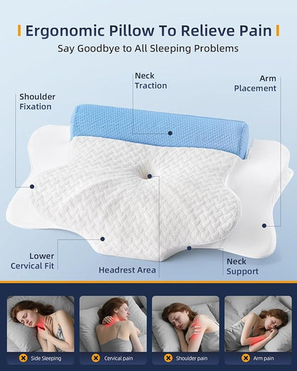 Cervical Neck Pillows with Round Cervical Roll Cylinder Bolster Traction Pillow(2 in 1 Removable) Ergonomic Contour Memory Foam Pillow for Relaxer Neck&Shoulder Pain Relief for Sleepers(White&Blue)