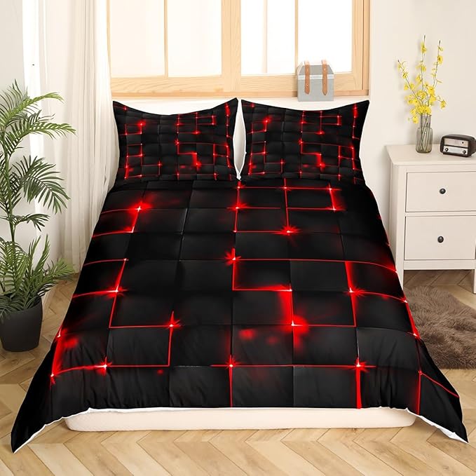 Castle Fairy Abstract Duvet Cover Set Twin Size, Modern Geometric Grid Square Quilt Cover with 1 Pillowcase, Red Neon Light Microfiber Polyester Bedding Set for Kids Boys Bedroom, Black