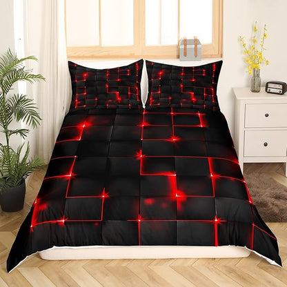 Castle Fairy Abstract Duvet Cover Set Twin Size, Modern Geometric Grid Square Quilt Cover with 1 Pillowcase, Red Neon Light Microfiber Polyester Bedding Set for Kids Boys Bedroom, Black