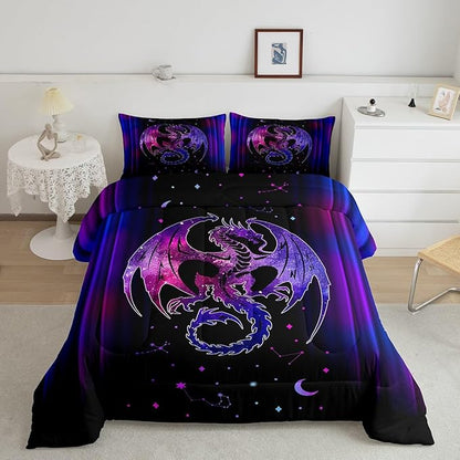 Feelyou Dragon Comforter Set Gradient Ombre Teens Women Bedding Set for Kids Boys Girls Galaxy Dragon Decor Comforter Exotic Trippy Quilt Set 3Pcs King Size