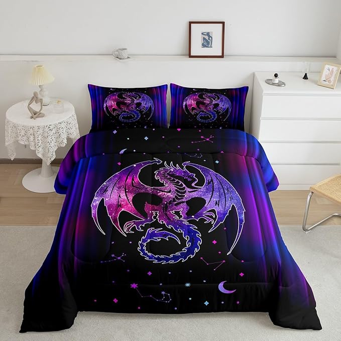 Feelyou Dragon Comforter Set Gradient Ombre Teens Women Bedding Set for Kids Boys Girls Galaxy Dragon Decor Comforter Exotic Trippy Quilt Set 2Pcs Twin Size