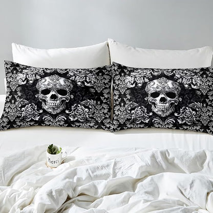 Gothic Skull Bedding Sets Full Size,Halloween Flower Skull Duvet Cover Set for Kids Boys Girls Teen Bedroom Decor,Black Grey Vintage Damask Quilt Cover Retro Floral Comforter Cover,2 Pillowcases