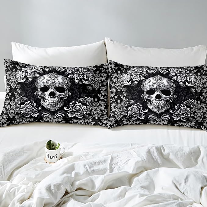 Castle Fairy Sugar Skull Duvet Cover Set Twin Size for Kids Teens Boys,Damask Floral Bedding Sets Girls Women Gothic Style Room Decor,Black Grey Ombre Flower Comforter Cover 2Pcs 1 Pillowcase