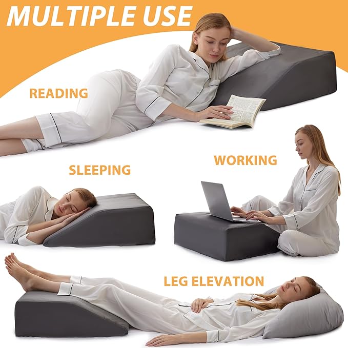 Bedluxe Leg Elevation Pillows, Leg Pillows for Sleeping, Cooling Gel Memory Foam Top, Wedge Pillow for Legs, Leg Wedges for Circulation, Swelling, After Surgery - Removable Cover (6 Inch, Dark Grey)