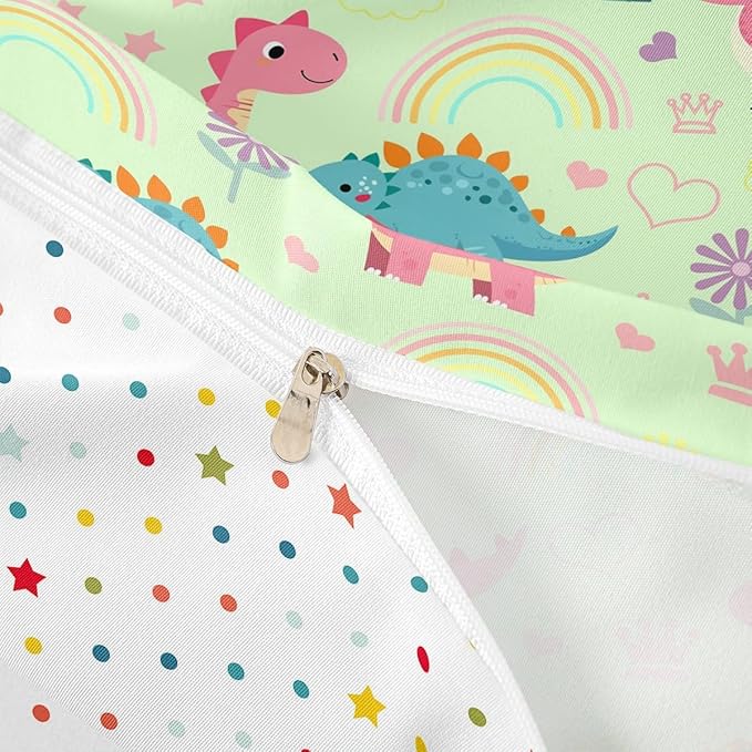 Kawaii Dino Duvet Cover Set Twin Size,Cute Rainbow Floral Love Heart Reversible Bedding Set Soft Bedroom Decor,Pink Green Dinosaur Lovely Animal Polyester Quilt Cover (No Comforter), 2 Pcs