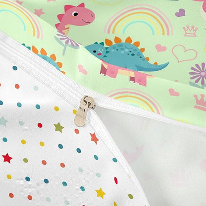 Kawaii Dino Duvet Cover Set Queen Size,Cute Rainbow Floral Love Heart Reversible Quilt Cover Set (NO Comforter),Pink Green Dinosaur Lovely Animal Soft Comforter Cover for Dorm Room, Zipper