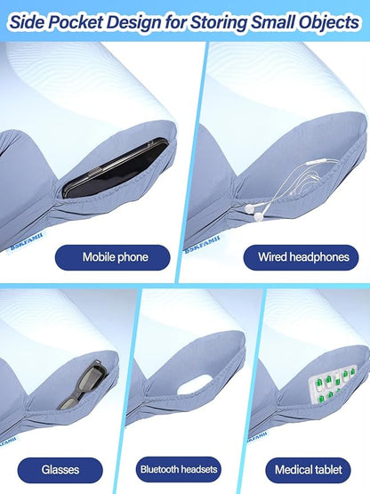 Orthopedic Neck Pillow - 2 in 1 Cooling Contoured Memory Foam Pillow, Butterfly Pillow for Side/Back/Stomach Sleepers with Removable Cover and Side Pocket (King, White & Gray)